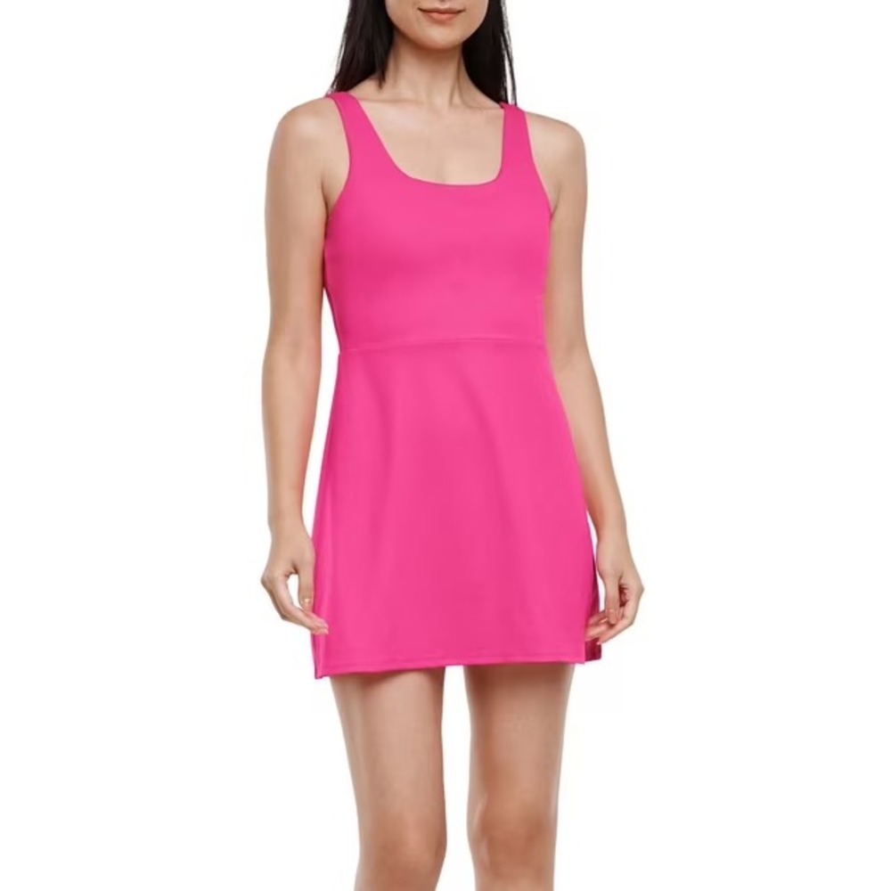 GapFit Womens Active Tank Dress Pink V-Scoop Neck Shelf Bra Biker Shorts Size S